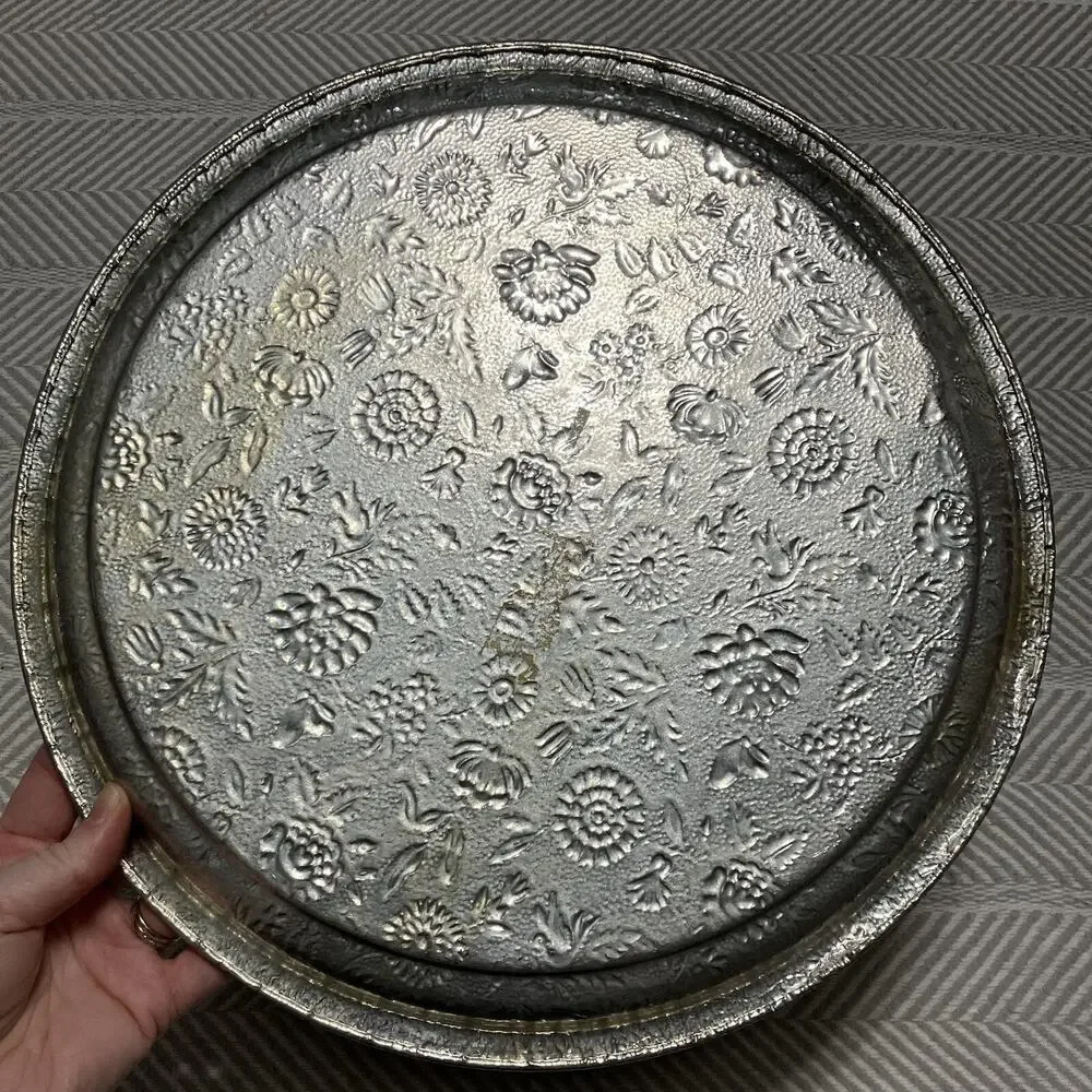 Textured Tea Tin Round Platter Tray Silver Tone 13in Vintage Floral Relief